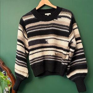 Z Supply Ashville Womens M Striped Sweater Black, Taupe, White Chunky Knit